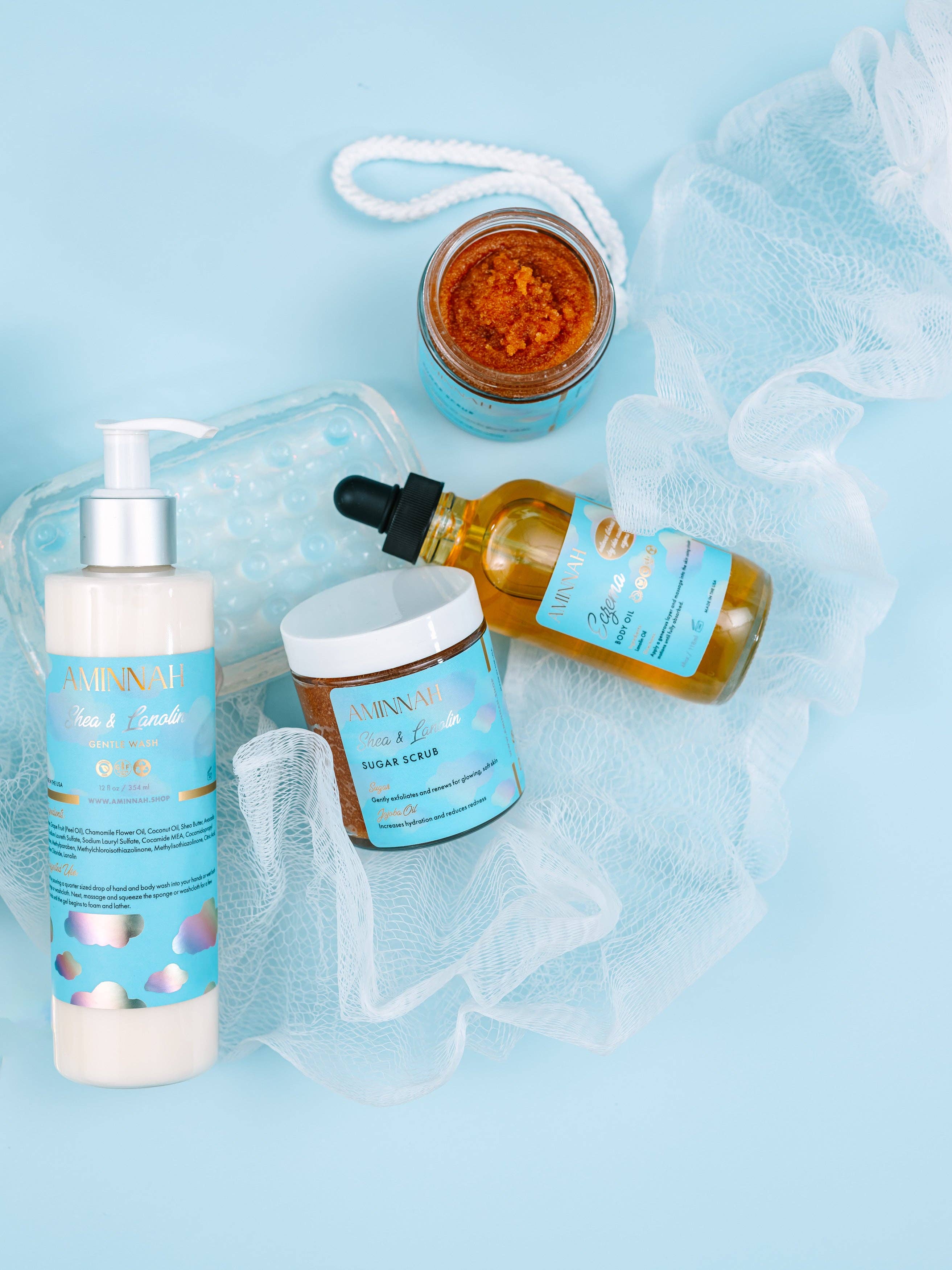 AMINNAH - Wholesale Bath & Body Set - "Eczema" Body Collection | Cream| Serum| Sugar Scrub| Body Oil| Cleanser|4