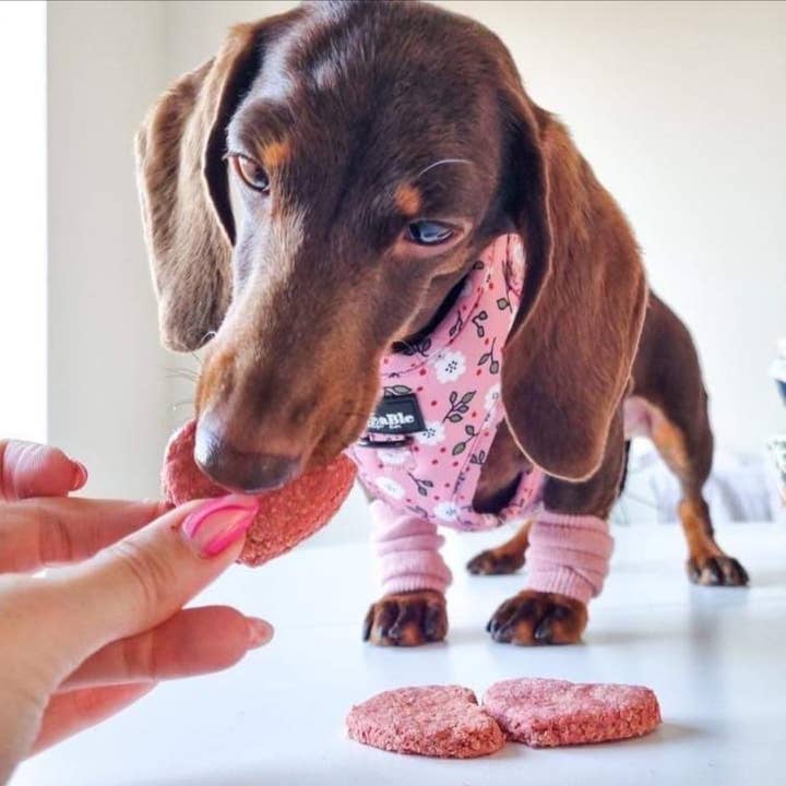 Sacchetto di Dolcetti Cuori di Barbabietola per la vendita all'ingrosso da parte di Ruby and Sophia's Dog Bakery