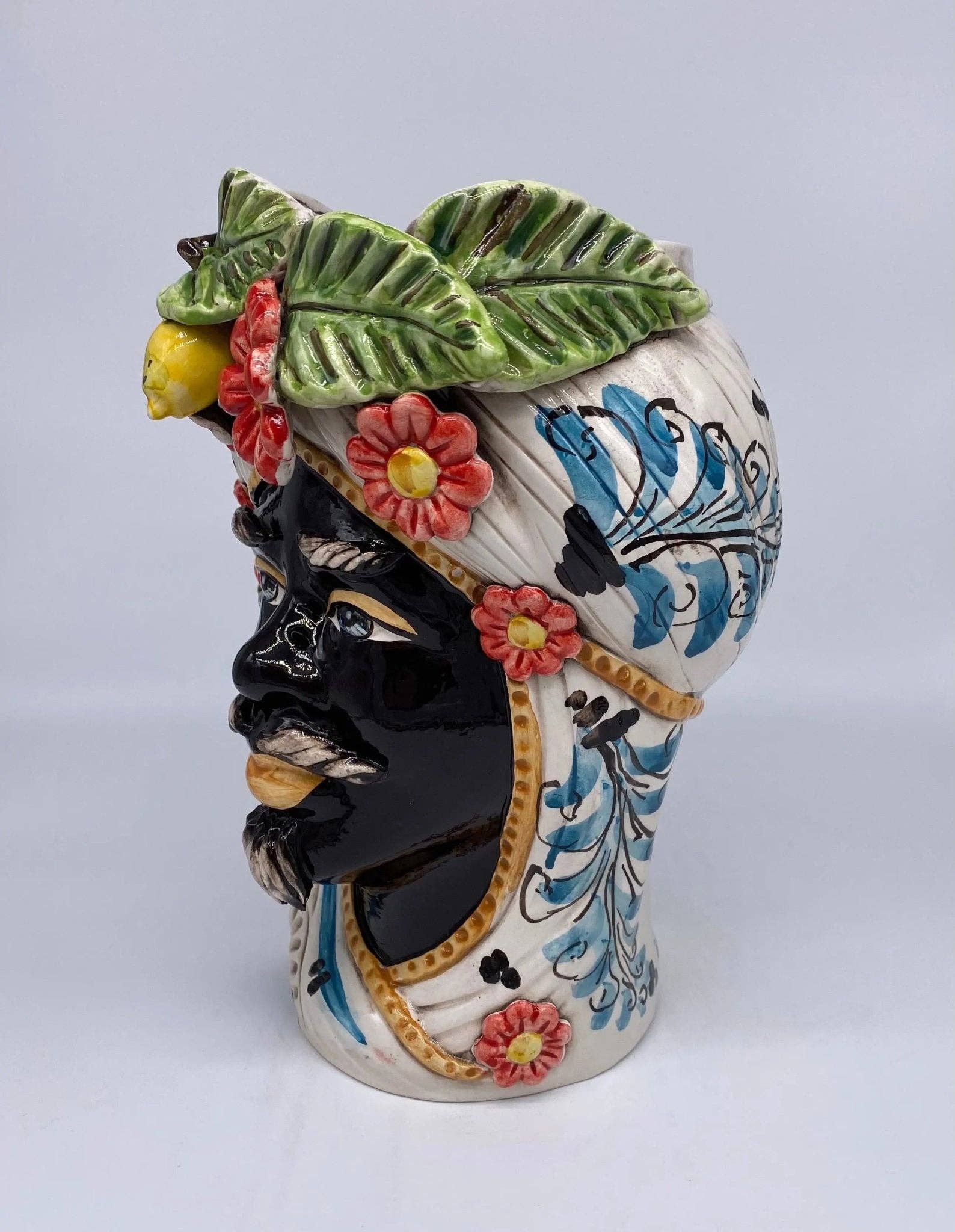 DD Ceramiche Siciliane - Wholesale Vase - Moorish Moor's Heads Caltagirone Ceramic cm H.28 L.19 Handmade Baroque Turban Flowers Lemons1