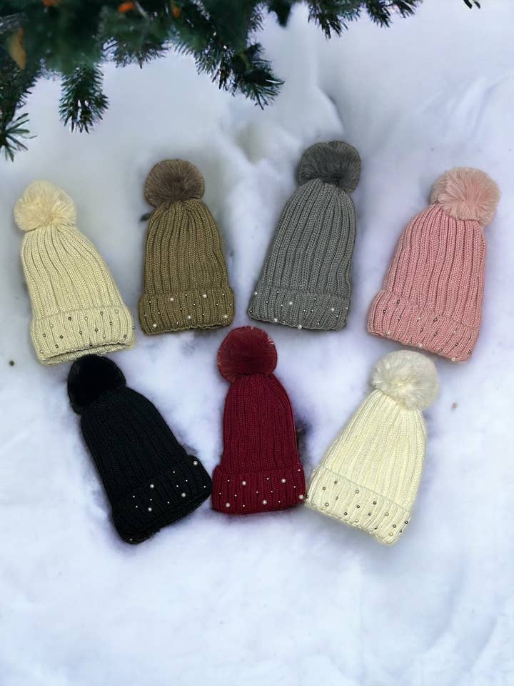 Pearly Faux Pom Beanie for wholesale by Miss Finch NYC