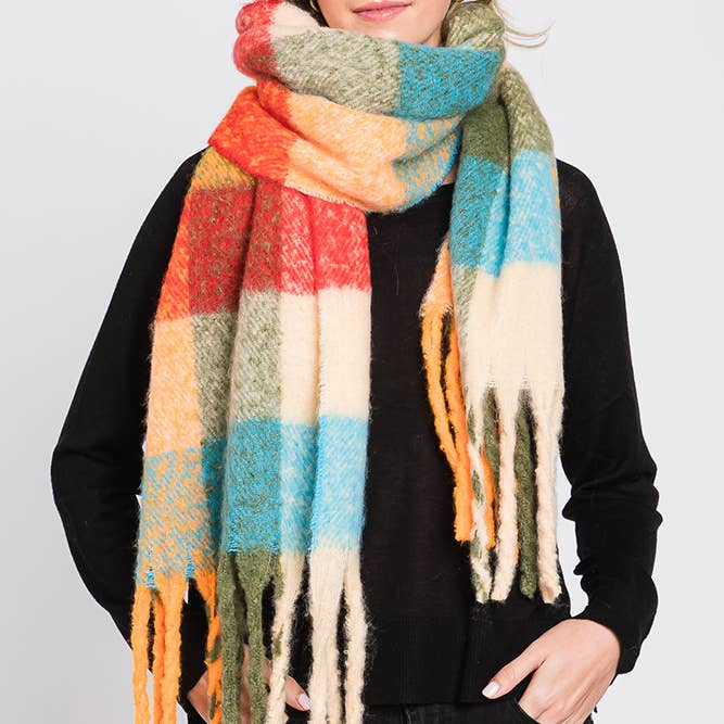 Hana - Wholesale Scarf - Women's - Brushed Multi Color Plaid Fringe Winter Scarf