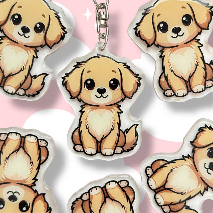 Mørk Golden Retriever Akryl Hund Nøglering med Epoxy Resin | Nem-Clip, Sød Hundetegneserie, Håndtegnet Design, Gave til Hundelsker for engroshandel hos Milly Made Designs