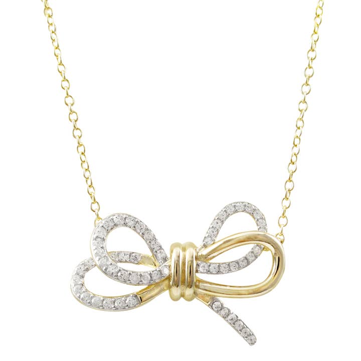 Gold & Rhodium Plated Sterling Silver CZ Bow Necklace for wholesale by Dlux Jewels