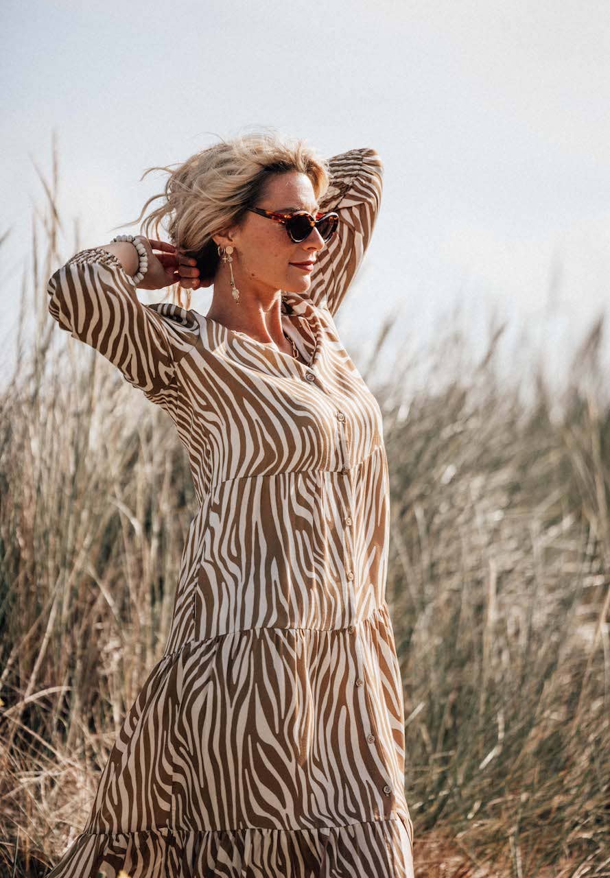 LES BLONDINETTES – wholesale Dress – Women's – CLEMENTINE - Camel 3/4 Sleeve Zebra Zebra Long Shirt Dress1