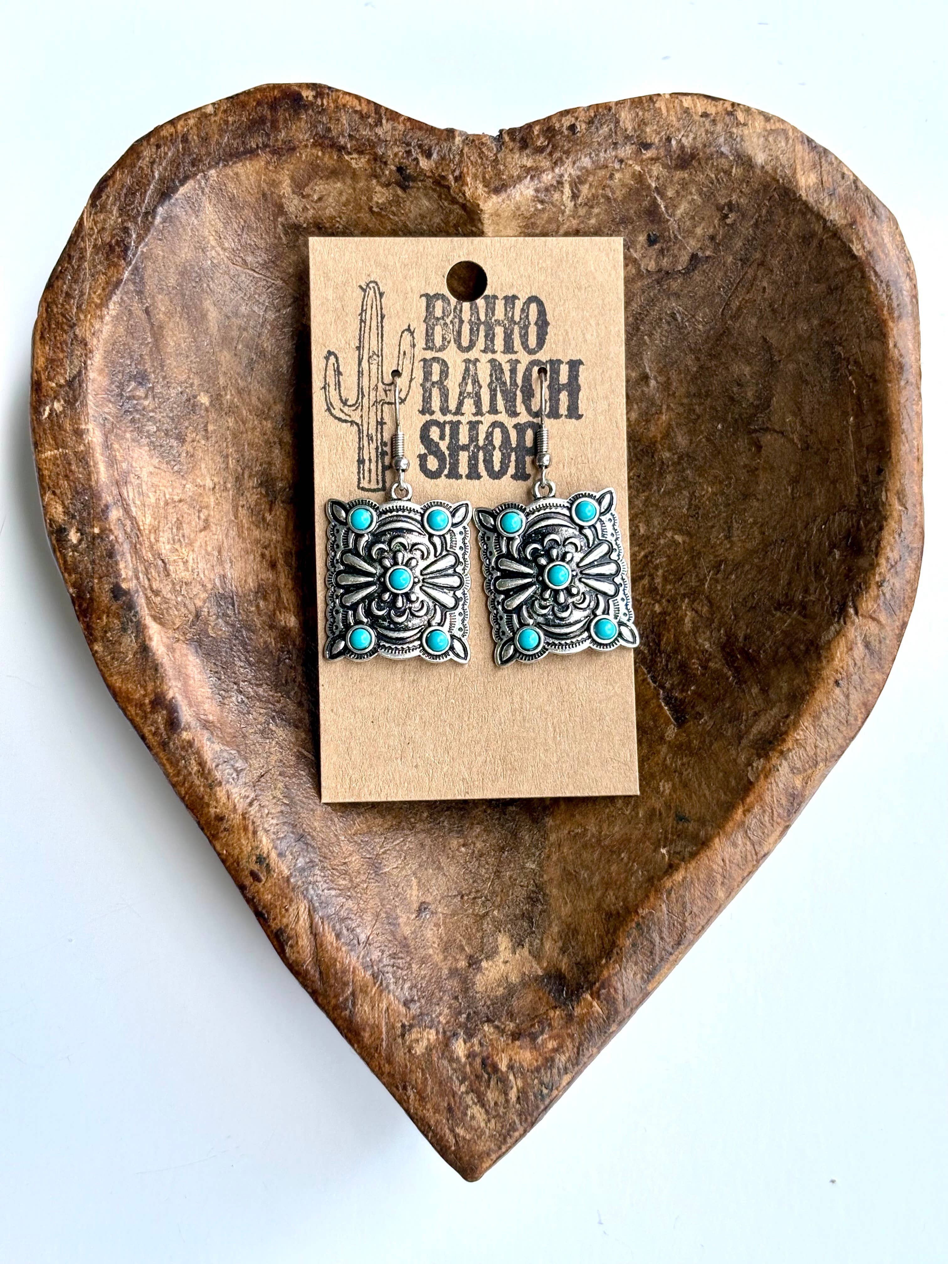 Boho Ranch Shop - Wholesale Dangle Earrings - Western Style Embossed Concho Stone Dangle Earrings1