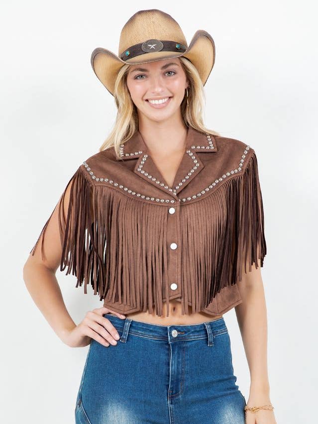 SIJ5407A GILET CON FRANGE E DETTAGLI BORCHIATI IN CIOCCOLATO per la vendita all'ingrosso da parte di Saints & Hearts