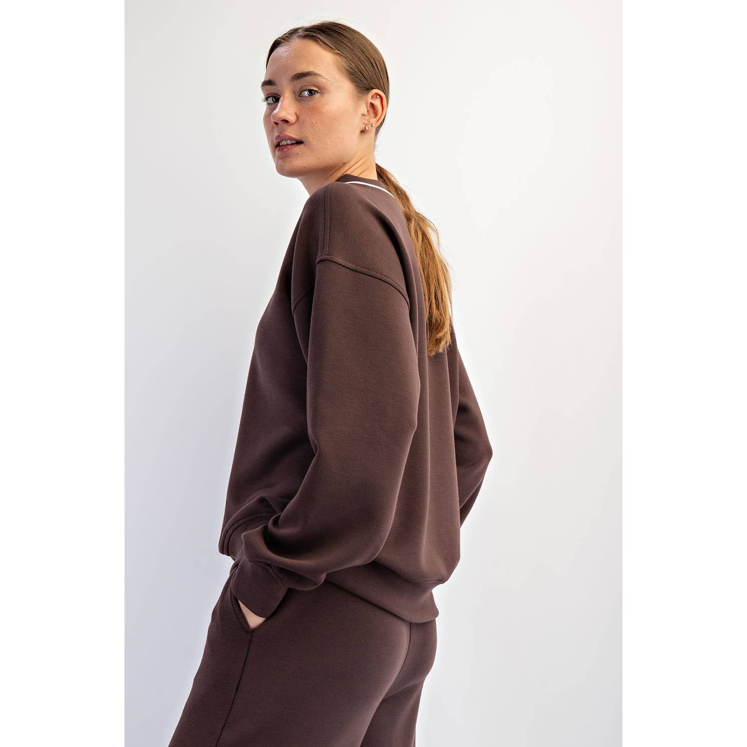 Rae Mode - Wholesale Lounge Top - Women's - MODAL SCUBA V NECK PIPING TOP26