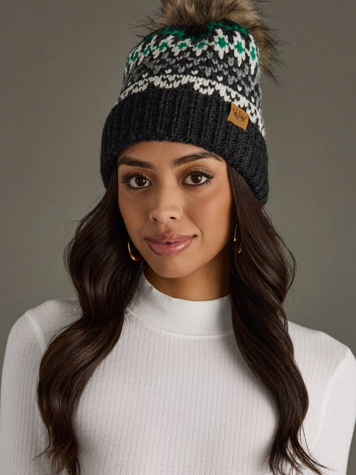 Dk. Gray, White & Green Winter Pattern Pom Hat for wholesale by Panache Apparel Co.
