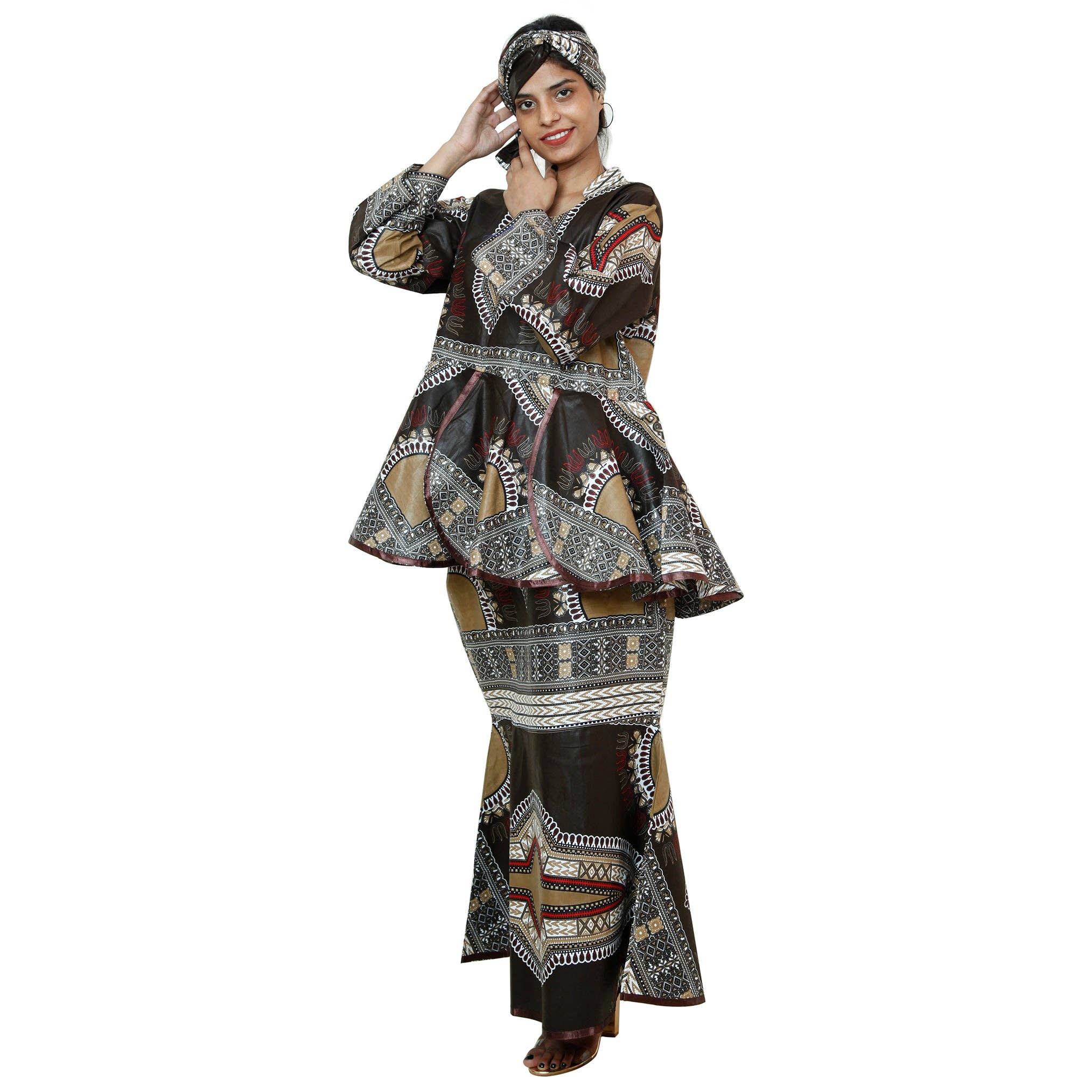 African Stars - Wholesale Top & Skirt Set - Women's - African Women's Dashiki Long Sleeve Peplum Skirt Set -- FI-3009D9