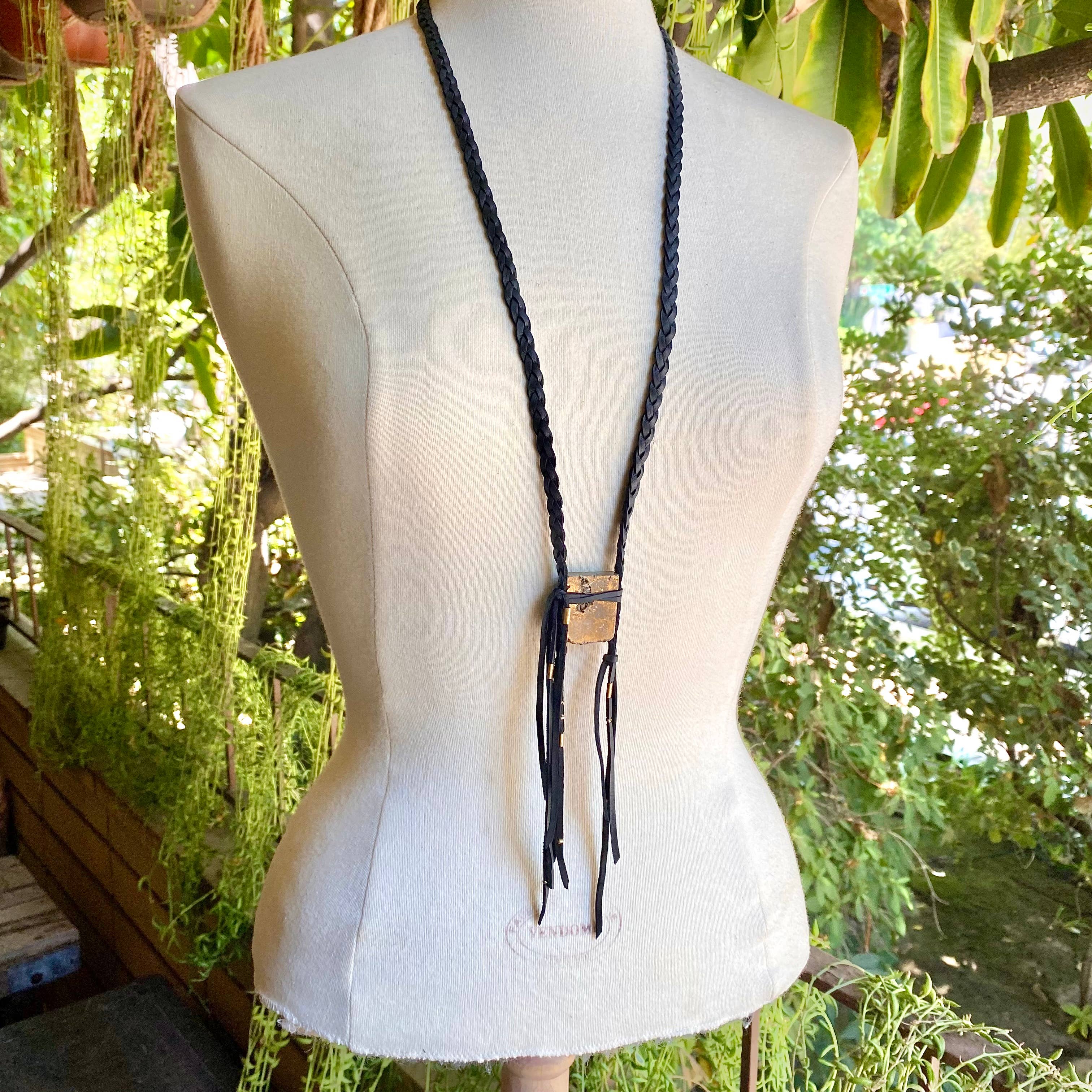 ASTALI – wholesale Pendant/charm necklace – Pirate Leather Necklace - Black & Square Druzy, Boho Western1