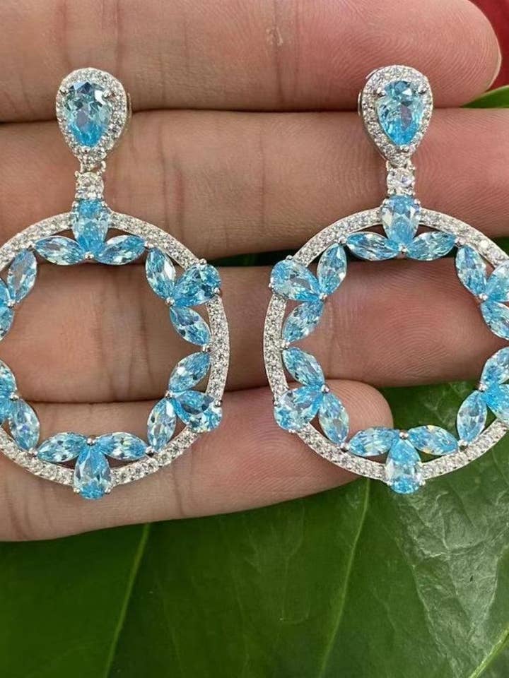 Hexagonal Aqua Crystal Hoop Earrings for wholesale by By lilly Paris