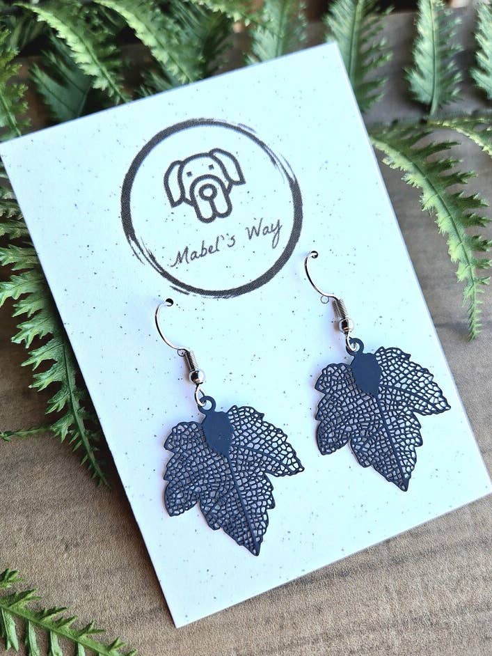 Blue Filigree Maple Leaf Earrings for wholesale by Mabel's Way