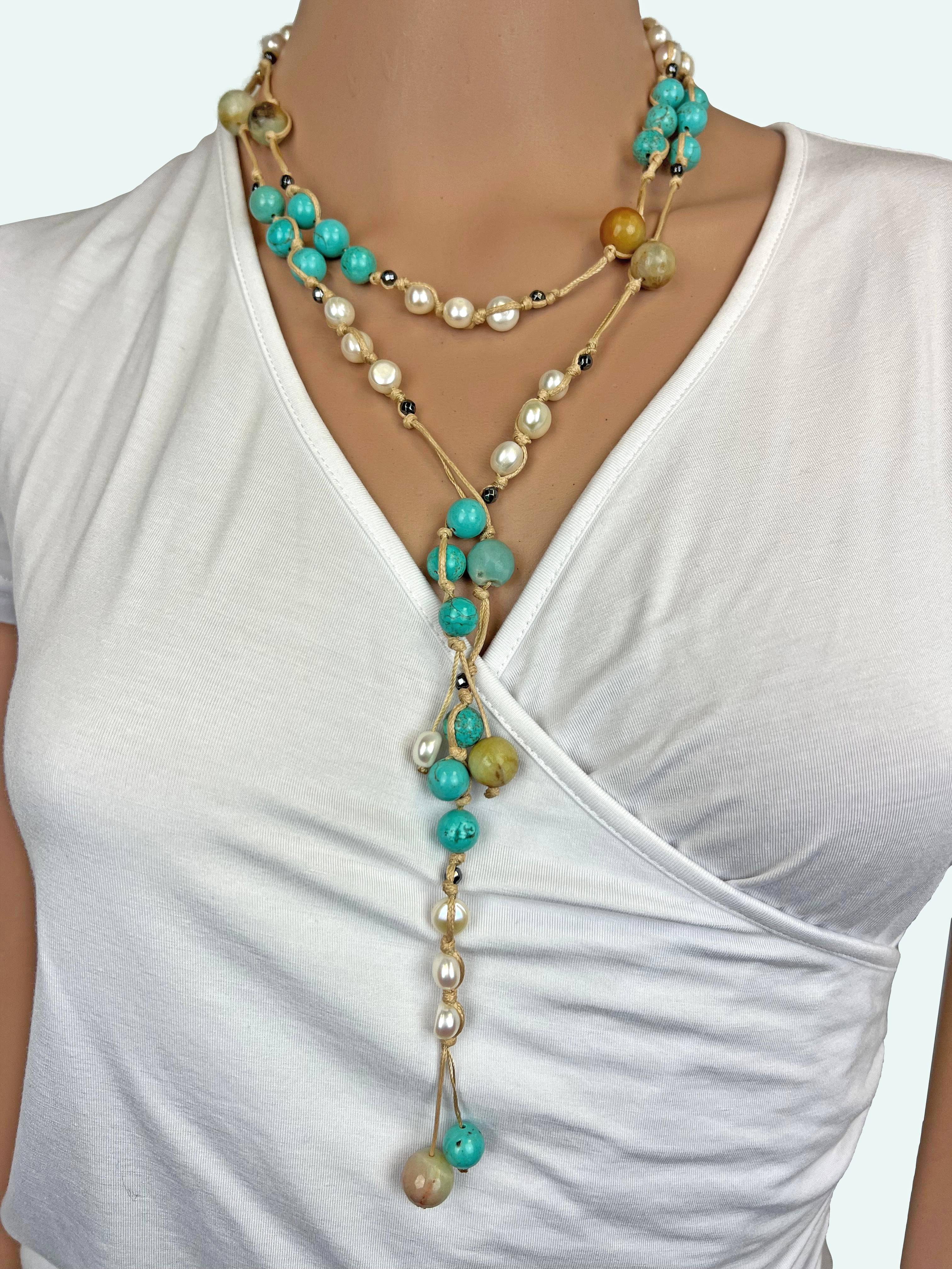 IST Jewelry – wholesale Y-ringat halsband – Magnesit Turkos Pärlmix Långt Lariat Layering Halsband2