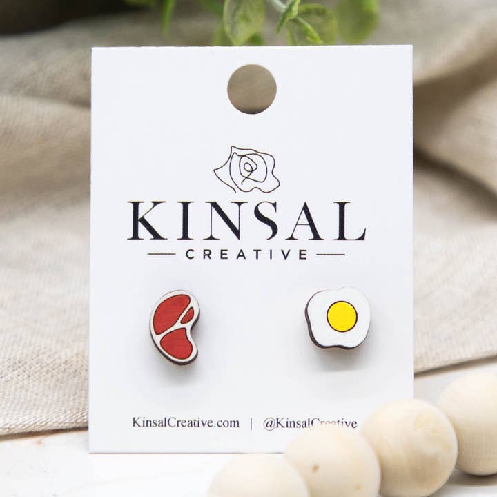 Steak and Eggs Wood Stud Earrings for wholesale by Kinsal Creative