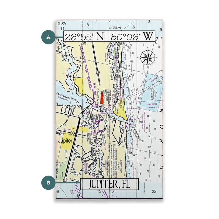Jupiter, FL, Graphique de la région - Art mural en bois et métal pour la vente par Old Wood Signs