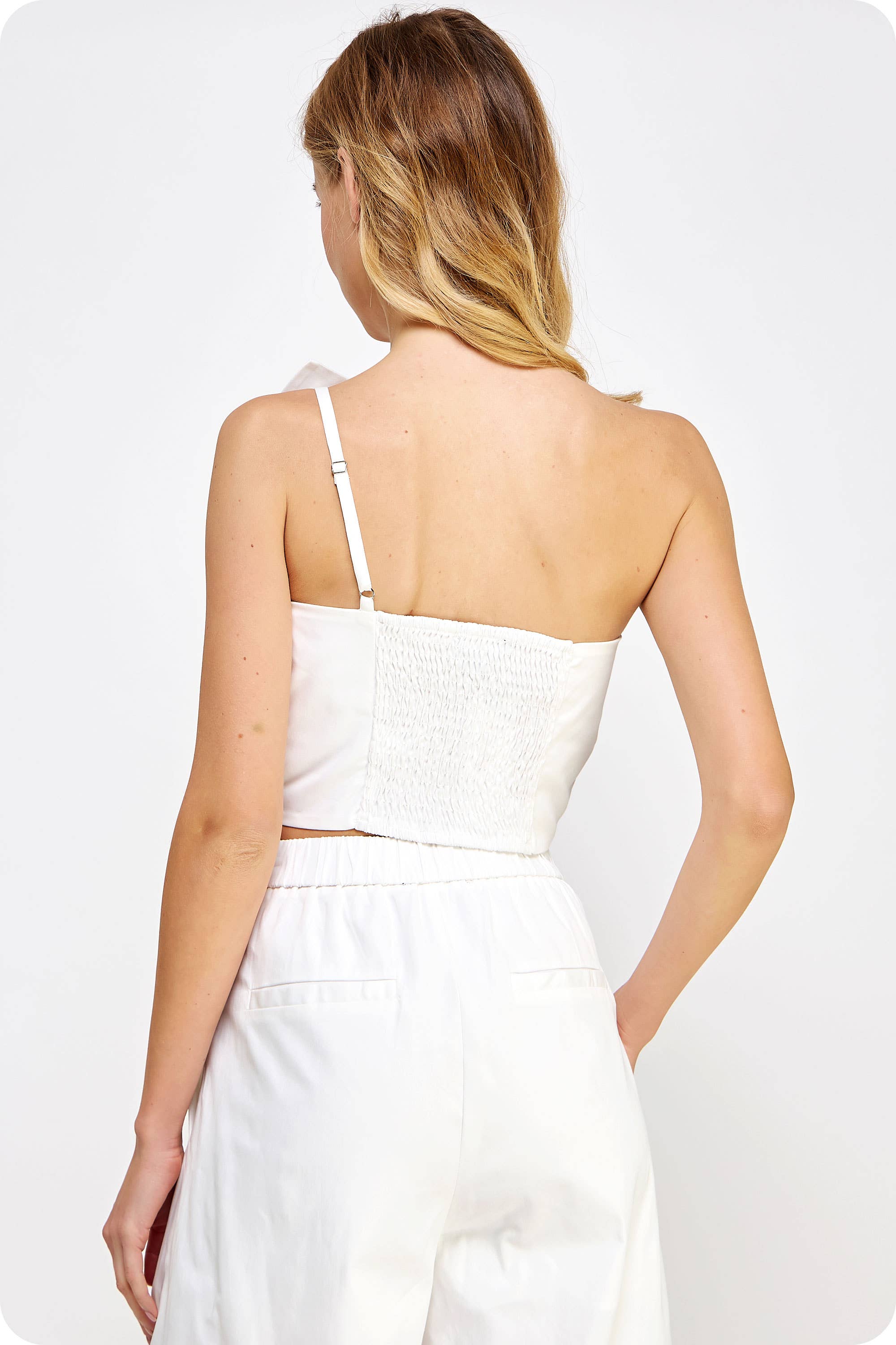 Strut & Bolt - Wholesale Shirt - Women's - One-Shoulder Knotted Flower Bow Crop Top13