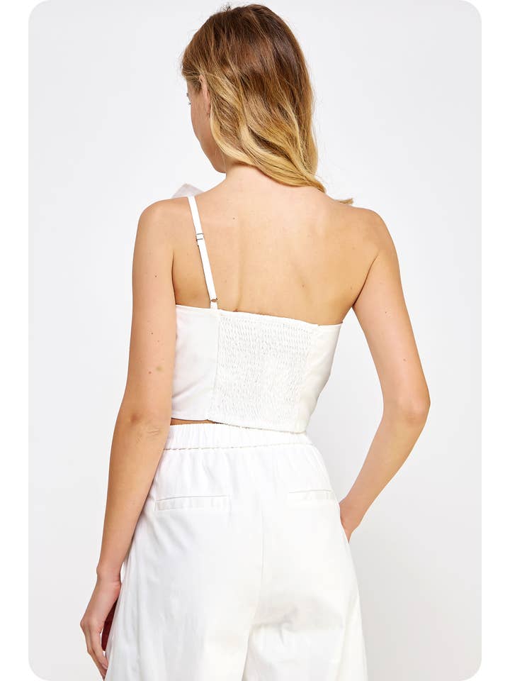 Strut & Bolt - Wholesale Shirt - Women's - One-Shoulder Knotted Flower Bow Crop Top13