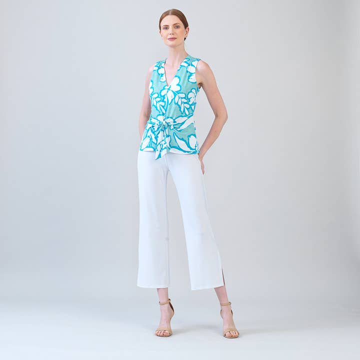 T49P6 - Floral V-Neck Front Tie Sleeveless Soft Knit Top for wholesale by Clara Sunwoo