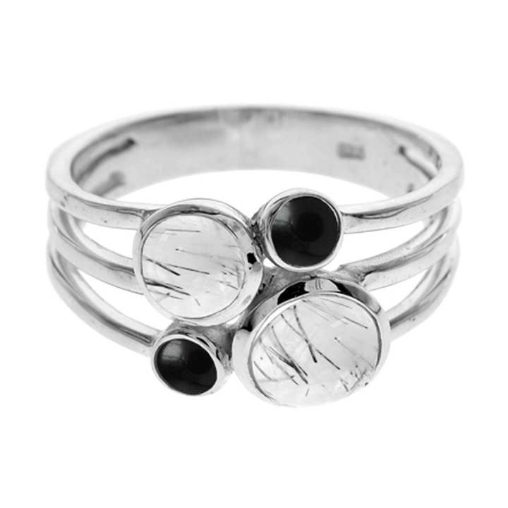 Ivy four tourmalated quartz & black onyx split band ring for wholesale by Kali Ma Designs - Sterling Silver Jewellery