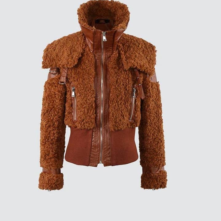 JK228Y Faux Shearling Short Jacket with Patchwork Design for wholesale by Productseeker