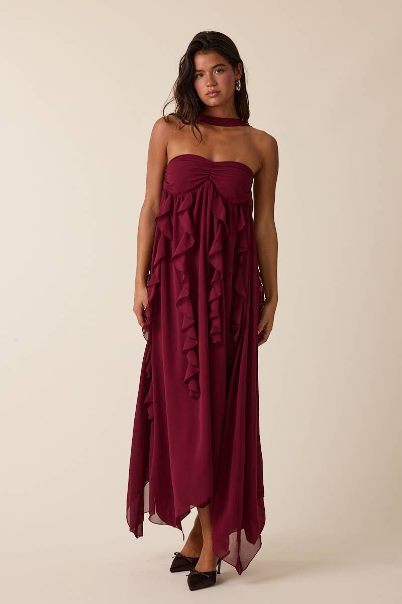 Sky to Moon - Wholesale Dress - Women's - HOLIDAY NECKLINE POINT RUFFLE HIGH-LOW MAXI DRESS5