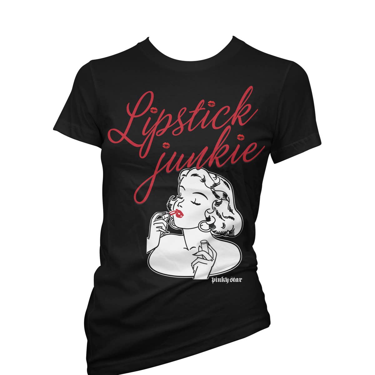 Black White LIPSTICK JUNKIE - Vintage Pinup Graphic Tee for wholesale on Faire0