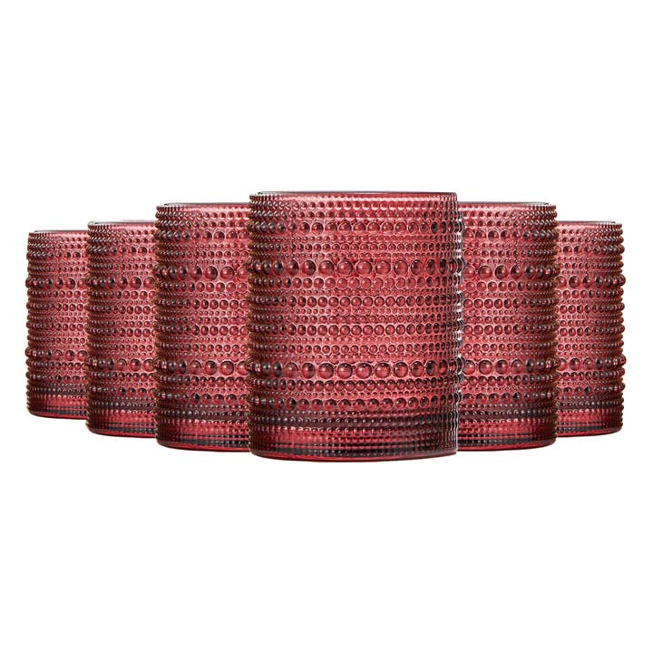The Wine Savant / Khen Glassware - Wholesale Drinking Glass/Cup - Hobnail Beaded Tumbler Drinking Glasses Set | Set of 6, Red