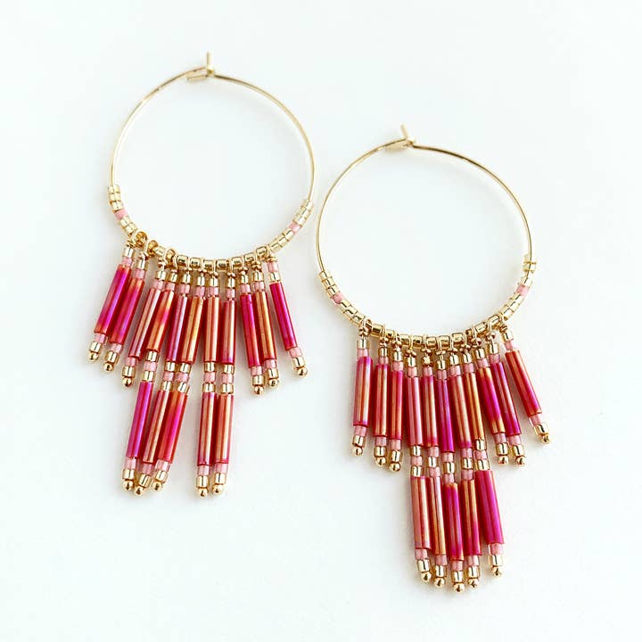 Laura Stark Designs - Wholesale Hoop Earrings - Pink Fringe Beaded Hoops0