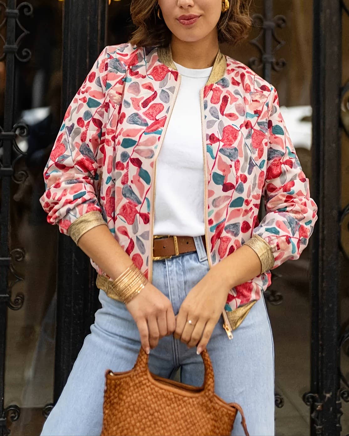 Rosa Clothing - Wholesale Jacket - Women's - Western Floral Print Bomber Jacket with Gold Trim1