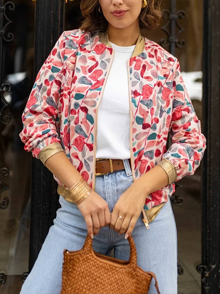 Rosa Clothing - Wholesale Jacket - Women's - Western Floral Print Bomber Jacket with Gold Trim1