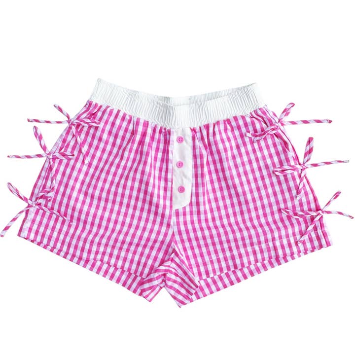 BB-4828 BUTTON BOW GINGHAM BOXER SHORT PINK for wholesale by Girlie Girl Originals