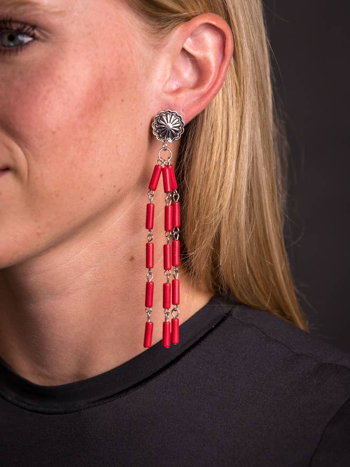 Red Tube Bead Tassel Earrings on Concho Post.. for wholesale by West & Co.