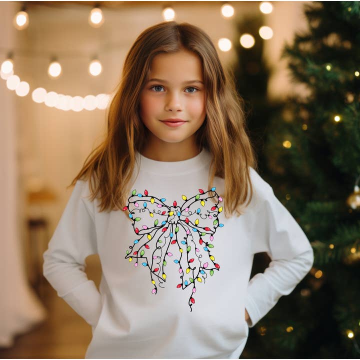 AvaryMaeInspirations - Wholesale Screen Printed T-Shirt - Kids - Christmas Bow with Lights Girls Tee Shirt