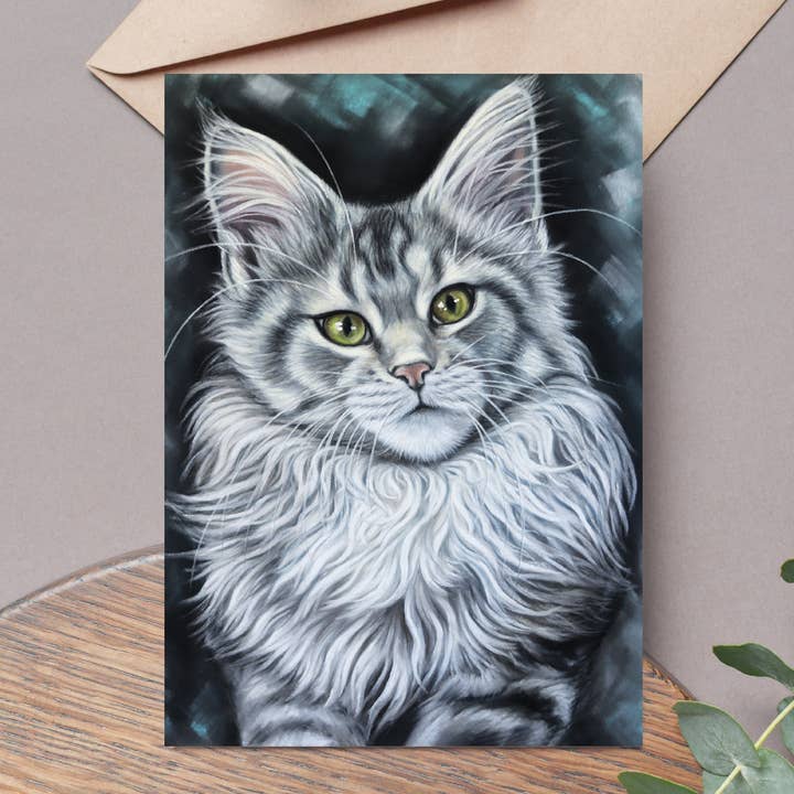 Cat Greeting Card - Maine Coon - Fine Art for wholesale by Irisha's Card Art
