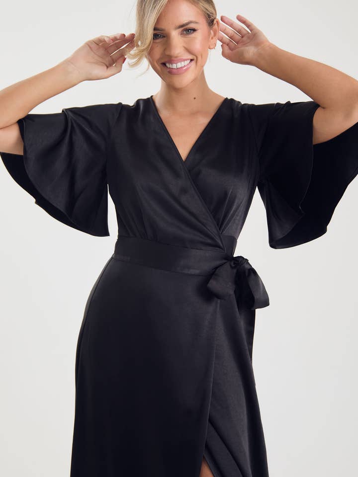 Six Stories - Wholesale Dress - Women's - Wrap Tie Satin Bridesmaid Dress - Black0
