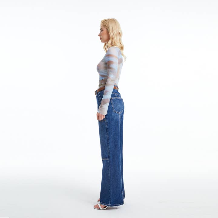 DEEP SEA SUPER HIGH RISE WIDE LEG JEANS(FINISHED HEM,SLIT) BYW8084 for wholesale on Faire