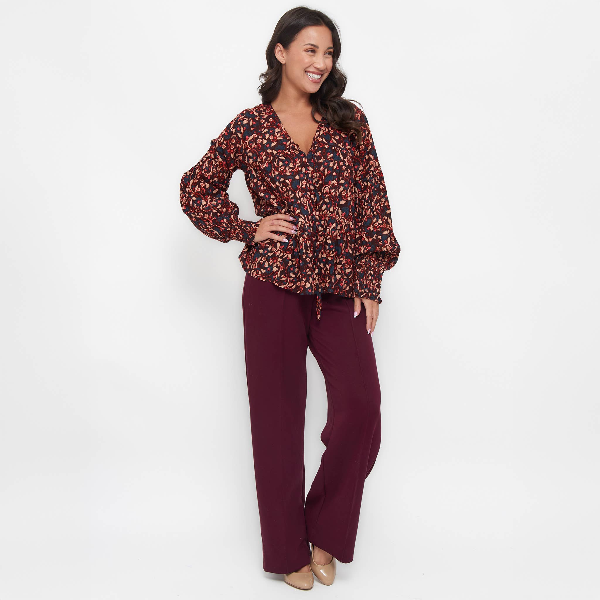 Elsie & Zoey - Vente Chemisier – femme - Blouse à manches longues à volants et col en V avec motif floral Drew8