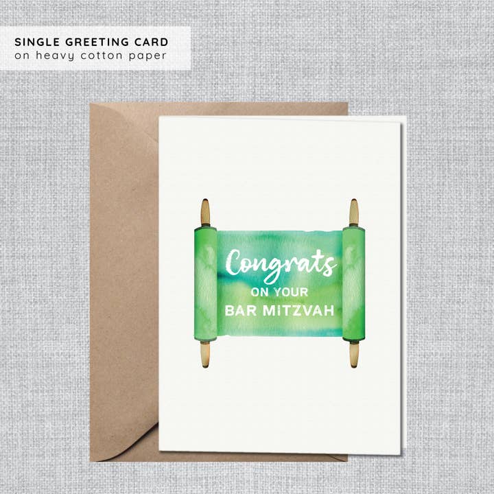 Gina Maher | Watercolor - Venta al por mayor Tarjetas de bar mitzvá o bat mitzvá - Tarjetas de Bar Mitzvá con forma de rollo de Torá | Tarjetas de Bar Mitzvá modernas