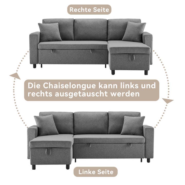 Urban Meuble - Wholesale Sofa - Reversible 3-seater gray linen fabric corner sofa bed PHOTOSPHERE9