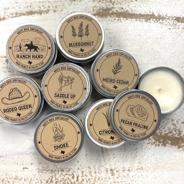 White Rock Soap Gallery - Wholesale Travel Candles - Soy Wax Candle - Texas 4 oz Tin