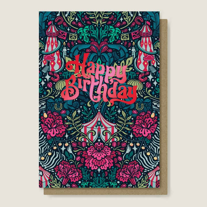 Carte d'anniversaire de carnaval. Red Foiled, carte de fêtes pour la vente par flight & fancy