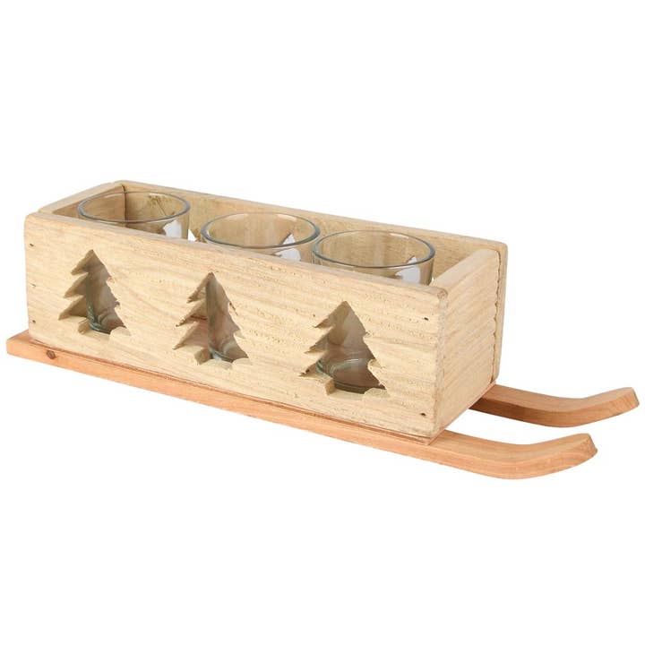 Teelichthalter Schlitten mit Bäumen, natur, Holz/Glas, 30x8x8cm für den Großhandel von Dekoratief