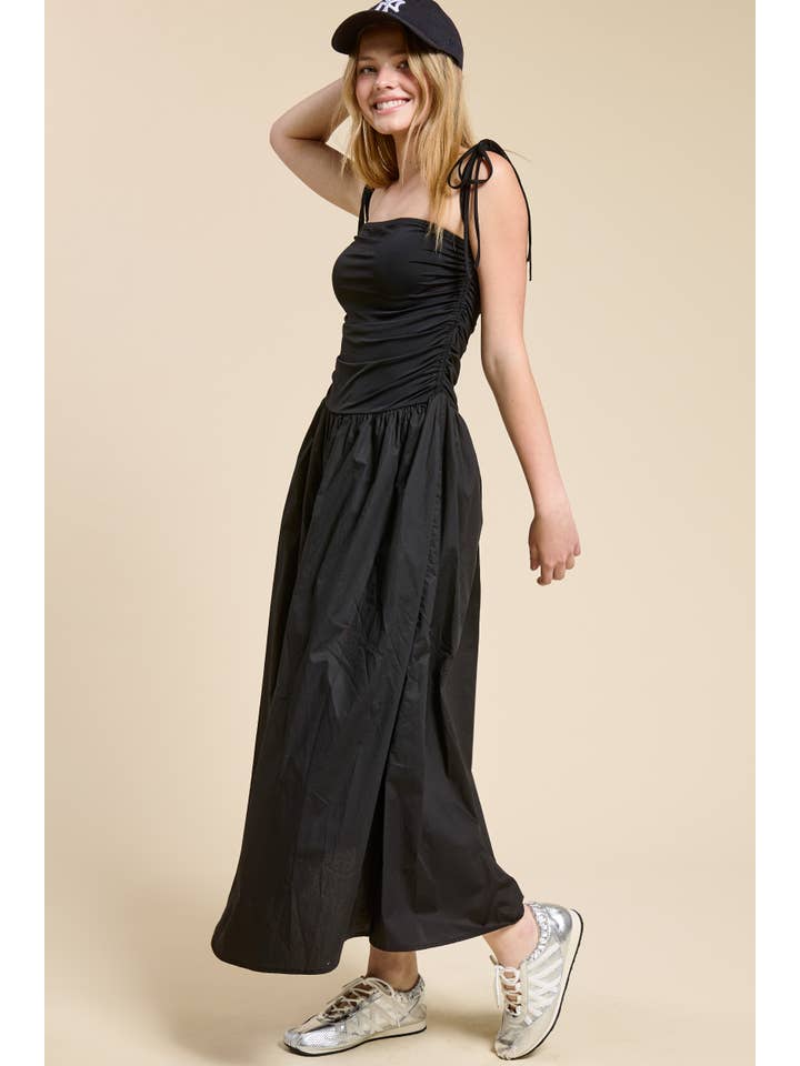 Mimosa - Wholesale Dress - Women's - Ruched Bodice Flared Midi Dress with Ribbon Straps