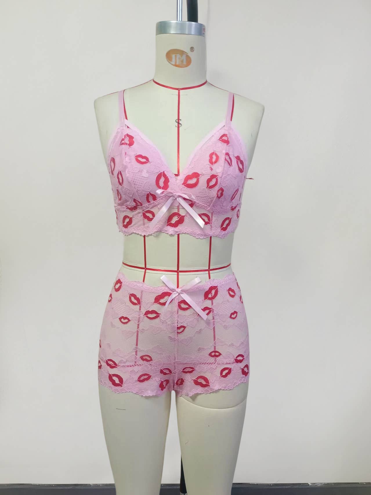 Pink Sexy Red Lip Bow Bra Two-Piece Set for wholesale on Faire2