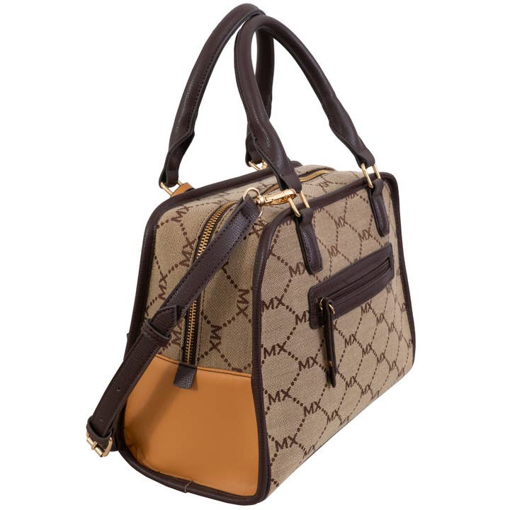 NATURAL Max Studio Signature Print Jacquard Satchel Bag for wholesale on Faire