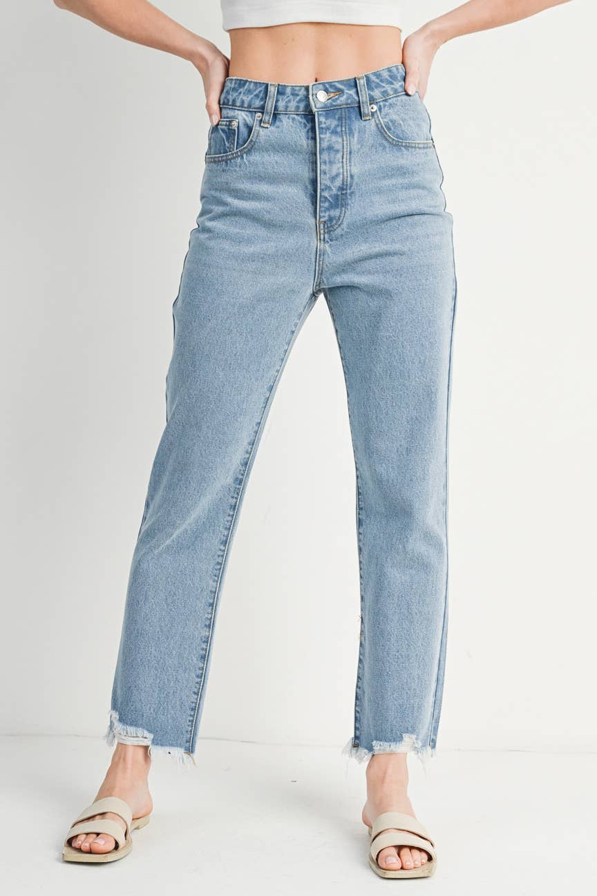 Bluivy - Wholesale Jeans - Women's - HIGH RISE STRAIGHT LEG DISTRESSED RAW HEM JEANS