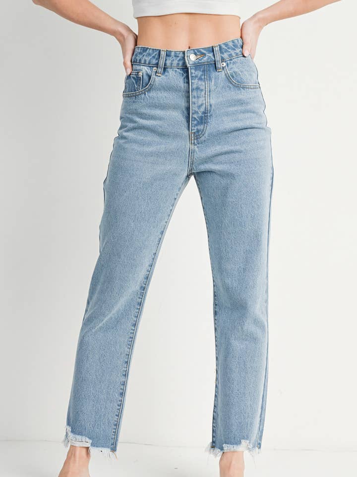 HIGH RISE STRAIGHT LEG DISTRESSED RAW HEM JEANS for wholesale by Bluivy