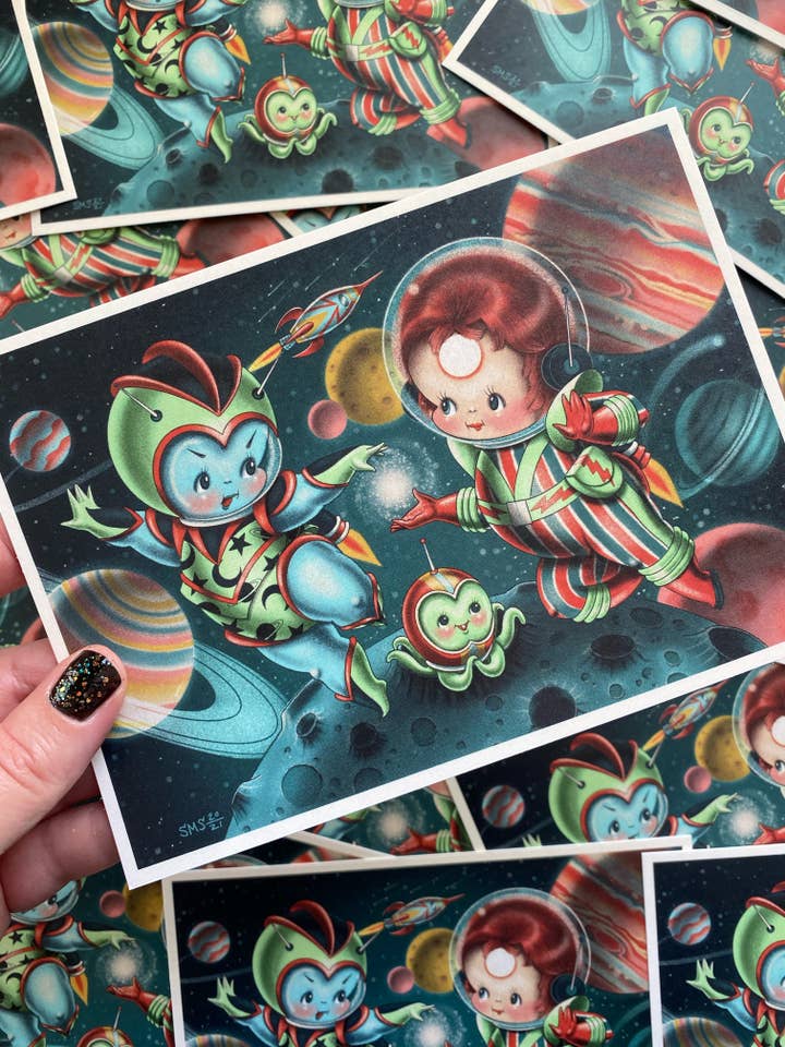 Moonage Daydream Bowie Space Kewpies 5x7 Mini Print for wholesale by Stacey Martin Tattoos