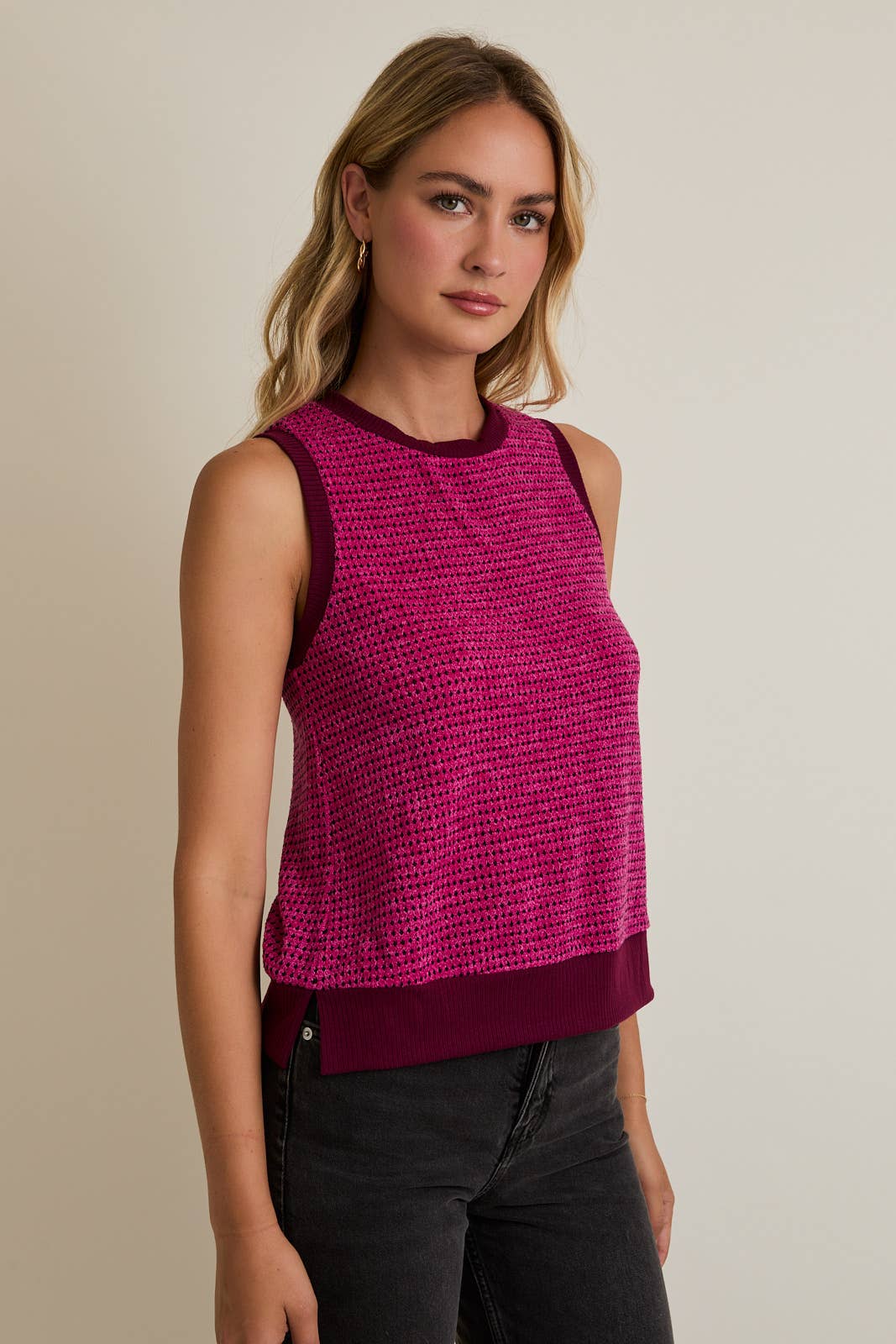 MAGENTA BURGUNDY ROUND NECK SLEEVELESS CONTRAST DETAIL TOP for wholesale on Faire1