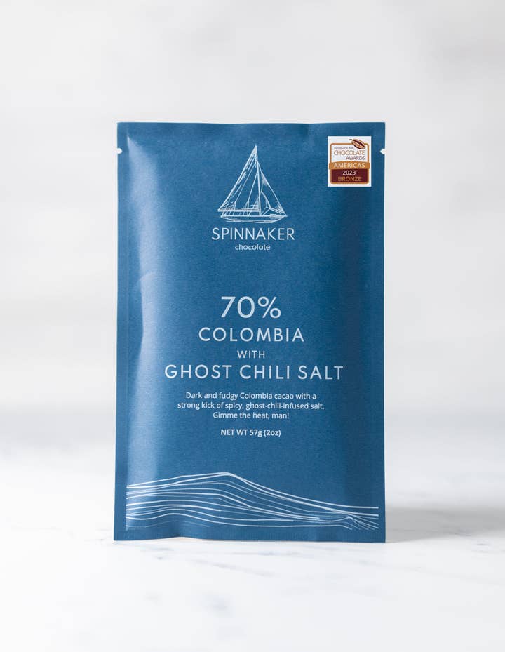 70% Colombia with Ghost Chili Salt for wholesale by Spinnaker Chocolate